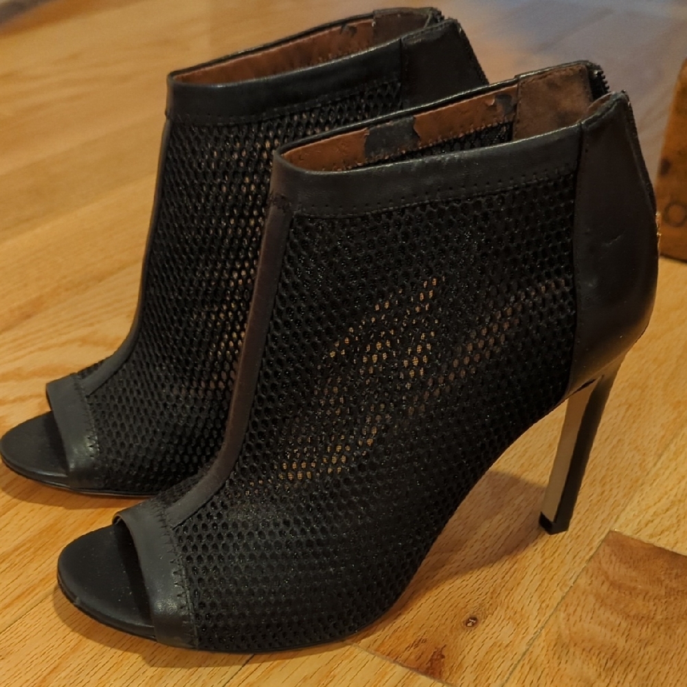 Cole Haan Black Mesh Peep-Toe Heeled Boots